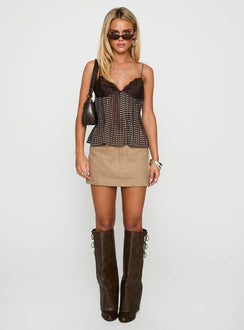 side view of model wearing Princess Polly Zami Pleat Top Brown Polka Sleeveless V-Neck 