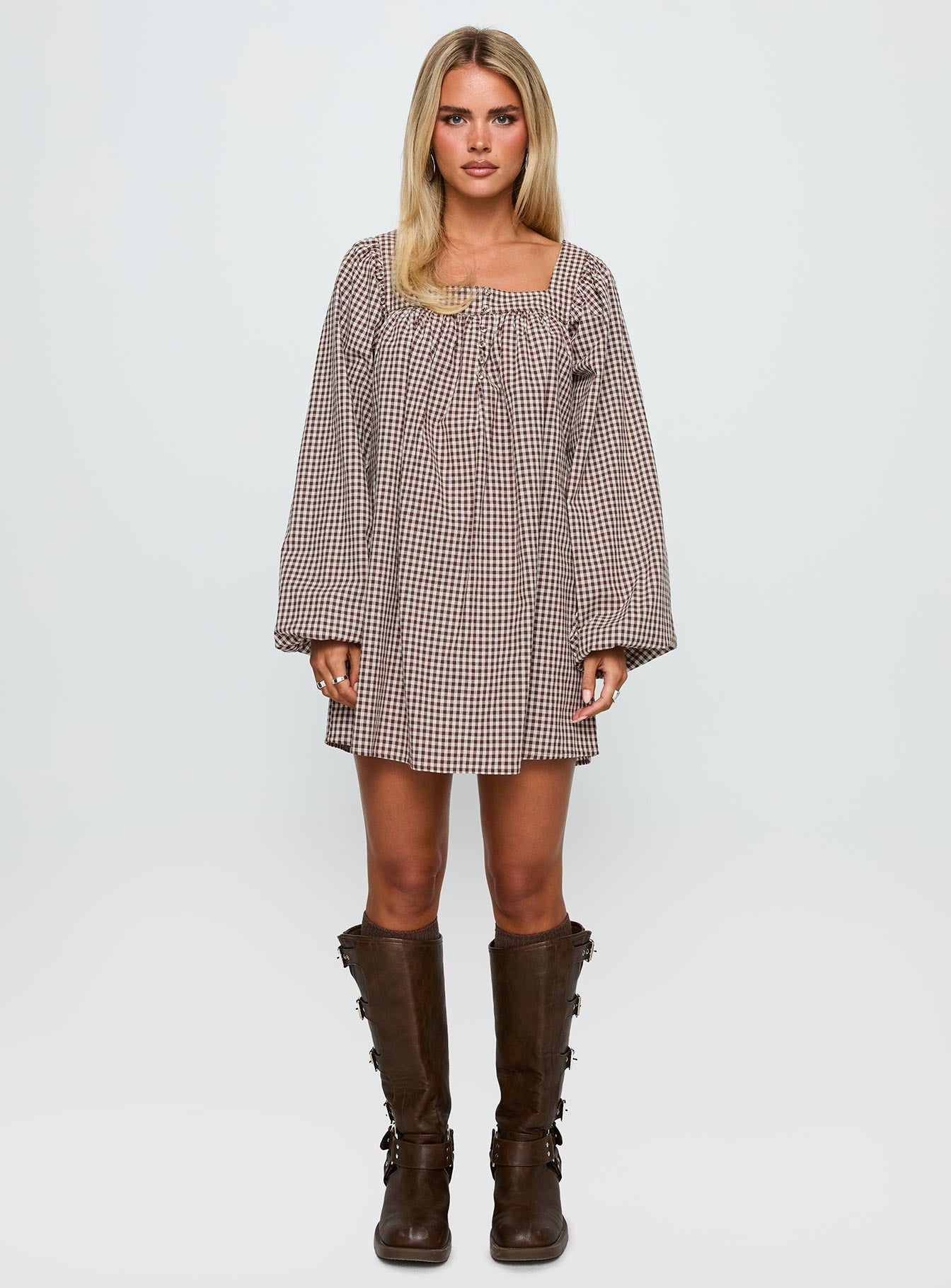 Lilibet Long Sleeve Mini Dress Brown Check