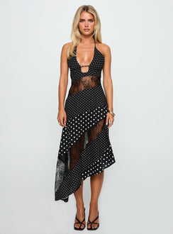 front view of model wearing Princess Polly Down With Love Asymmetrical Midi Dress Black / White Polka Plunger 