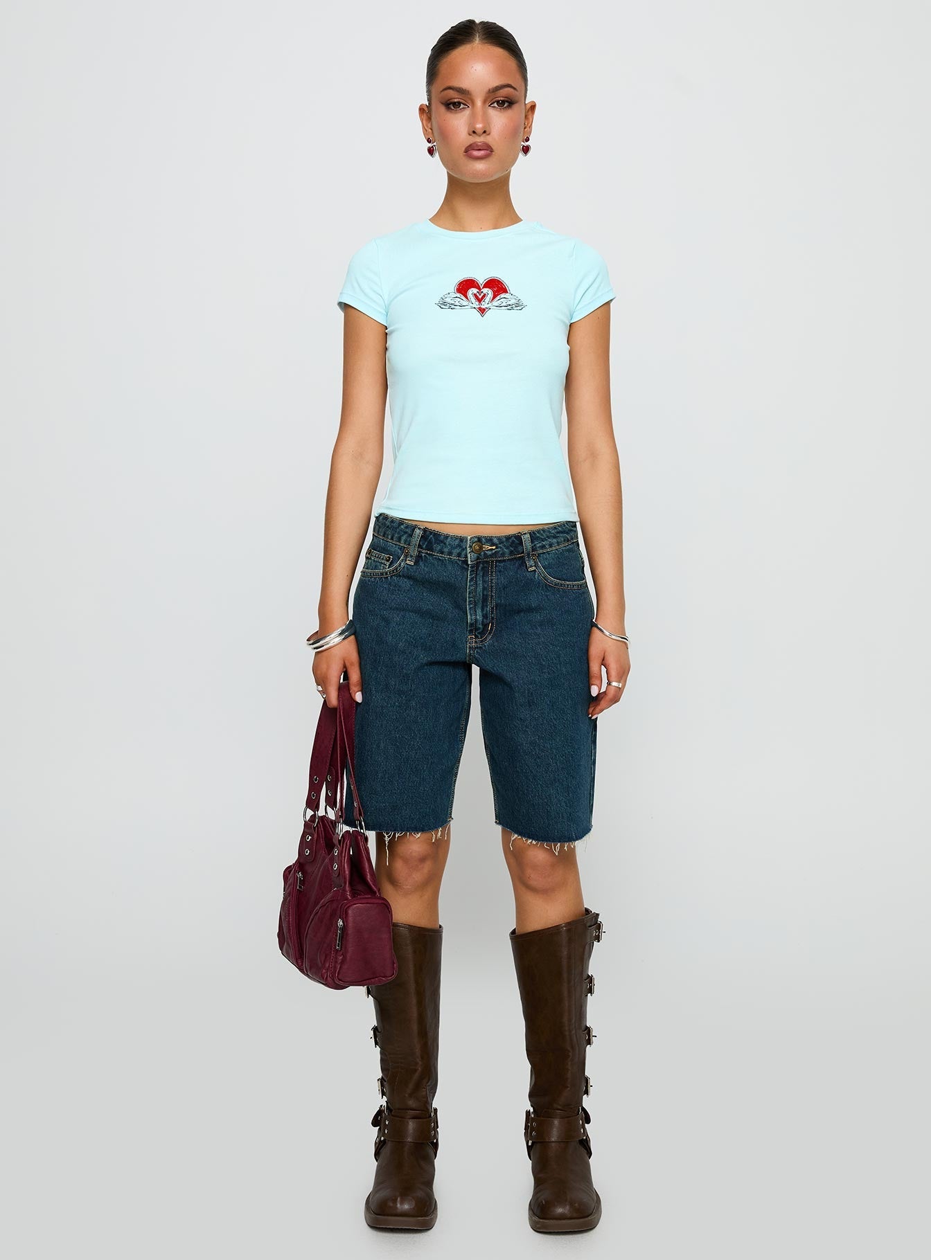 front view of model wearing Princess Polly Sweet Swans Baby Tee Blue Short Sleeves Crew Neck 