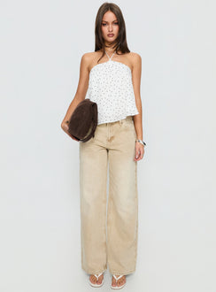 front view of model wearing Princess Polly Serenitia Mid Rise Relaxed Jeans Sandy Brown Wash Mid Rise Jeans 