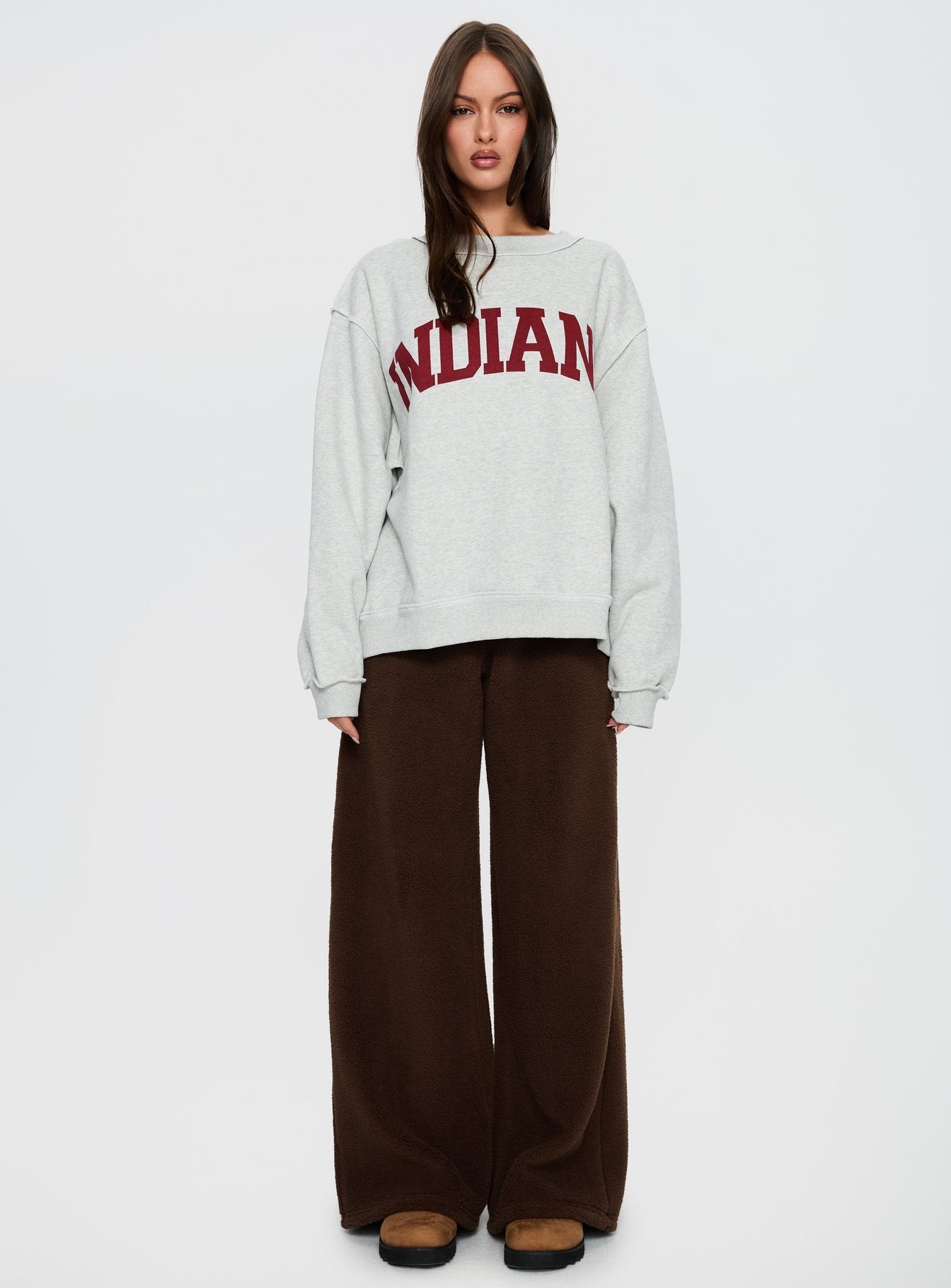 front view of model wearing Princess Polly When In Indiana Jumper Grey 