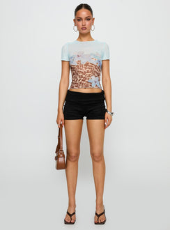 front view of model wearing Princess Polly Pop Quiz Mesh Top Blue / Leopard Short Sleeves Crew Neck 