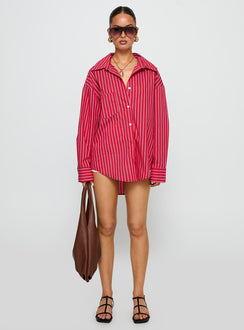 front view of model wearing Princess Polly Kodhi Oversized Long Sleeve Top Red Stripe Full Sleeves V-Neck 