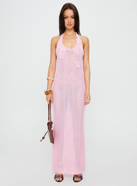 Nalanie Halter Crochet Maxi Dress Pink