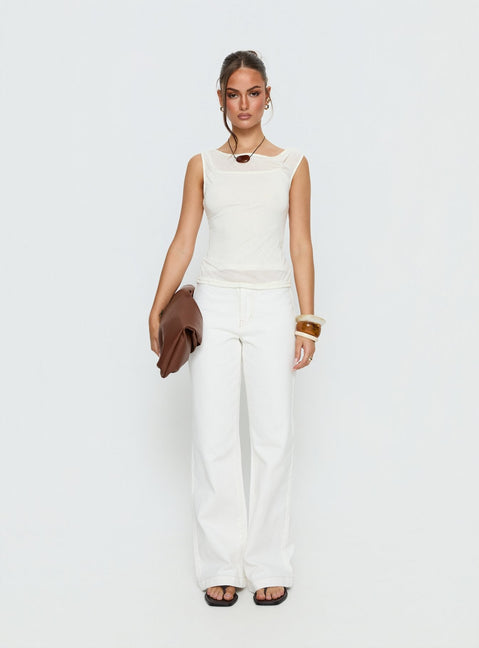 front view of model wearing Princess Polly Buenos No Waist Low Rise Straight Leg Jeans White Mid Rise Jeans 