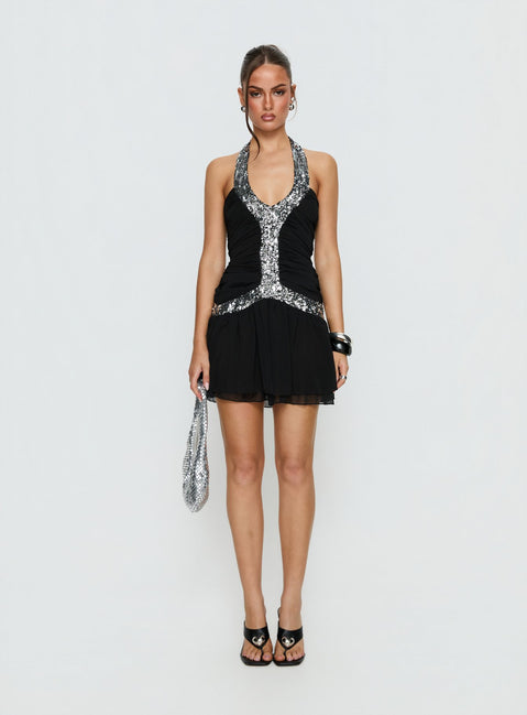 Aisleigh Sequin Halter Mini Dress Black / Silver