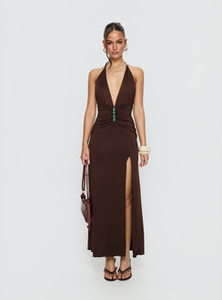 Sasami Halter Plunge Maxi Dress Chocolate