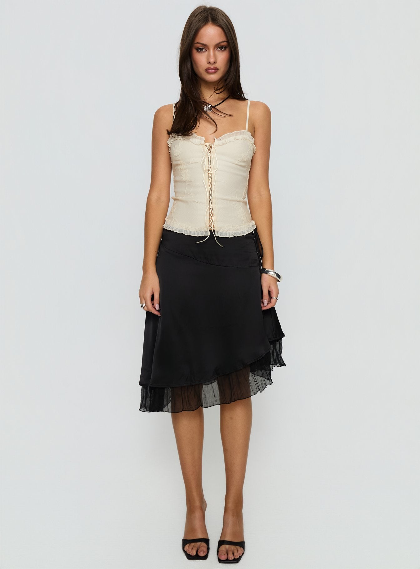   front view of model wearing Princess Polly Rosemead Satin Midi Skirt Black Midi Skirts 