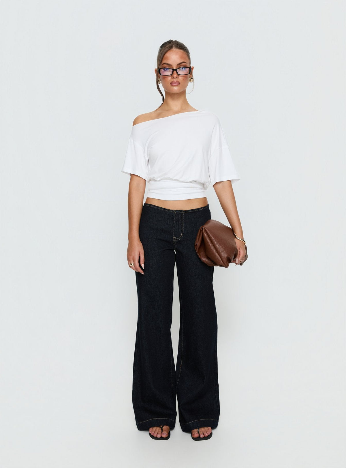 Designed with Buenos No Waist Low Rise Straight Leg Jeans Raw Denim Petite womens-jeans featuring belt and gold detailing product Princess Polly