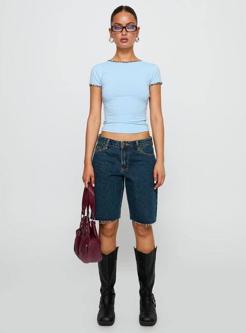 front view of model wearing Princess Polly Torissa Top Blue Short Sleeves Crew Neck 