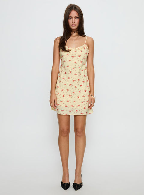 Blossomer Frill Trim Mini Dress Yellow Floral