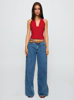 back view of model wearing Princess Polly Serefina Halter Top Red Sleeveless Plunger 