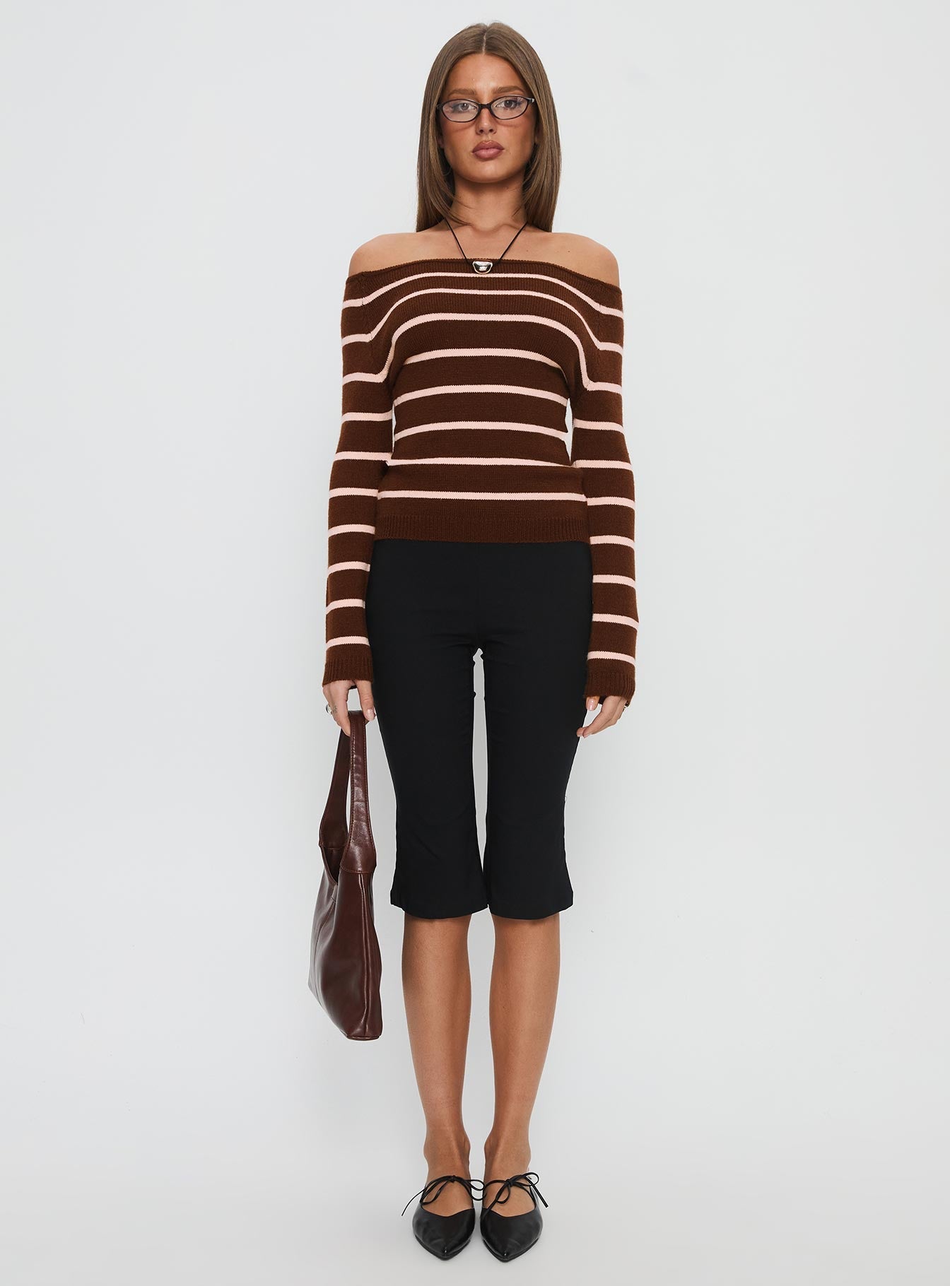 Out Of Reach Off Shoulder Knit Sweater Brown Stripe