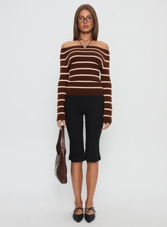 Out Of Reach Off Shoulder Knit Sweater Brown Stripe