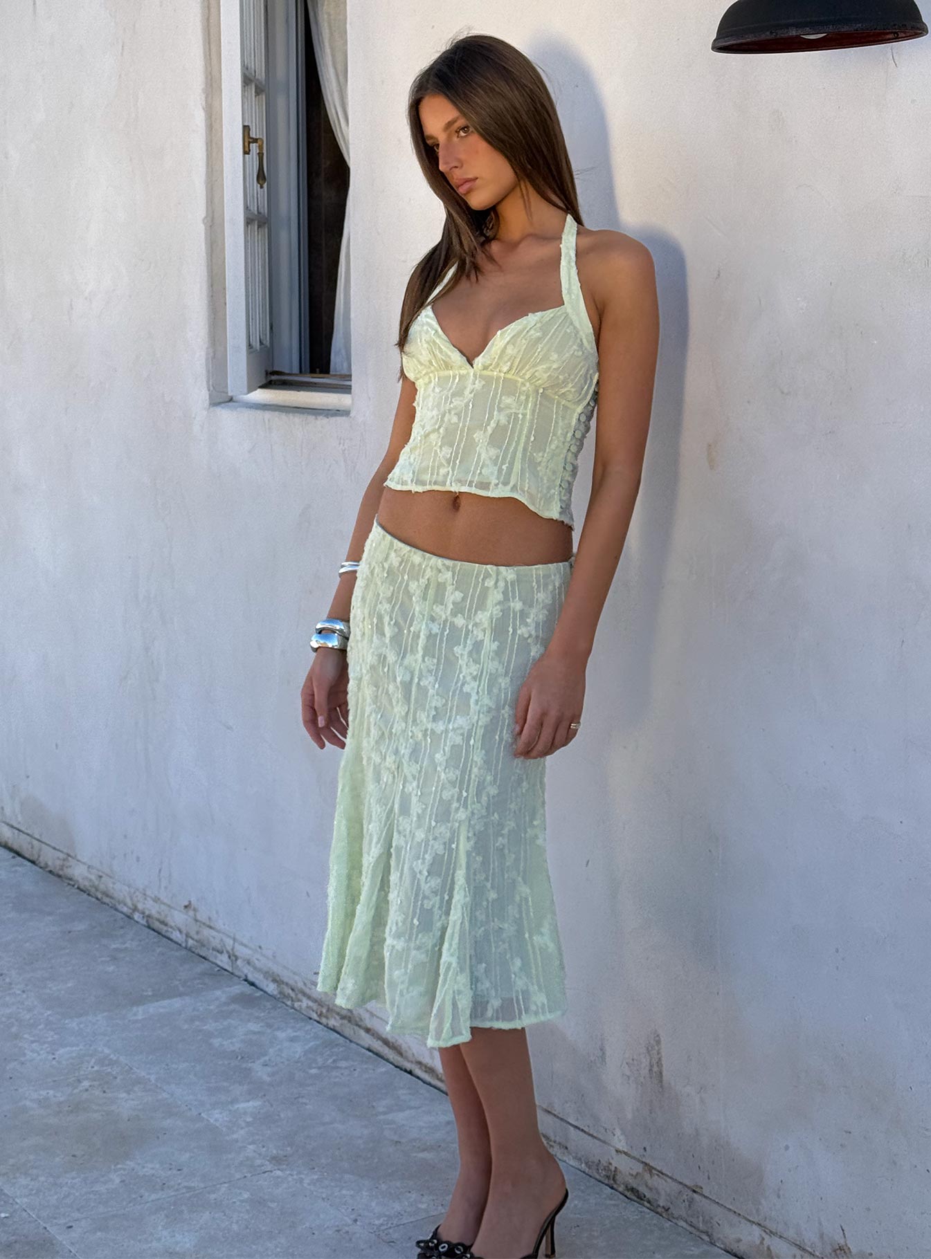 Aspyn Embroidered Midi Skirt Sage Green