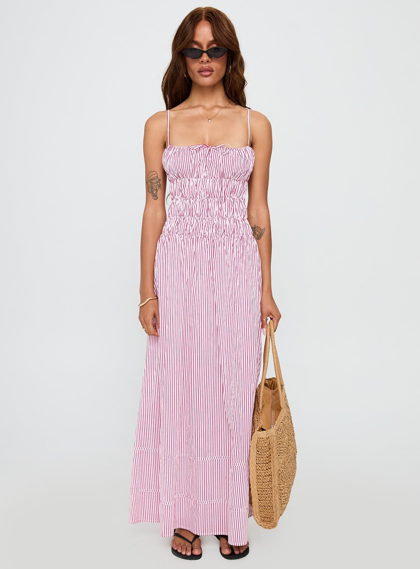 front view of model wearing Princess Polly Loralei Shirred Maxi Dress Red Stripe Square Neck 