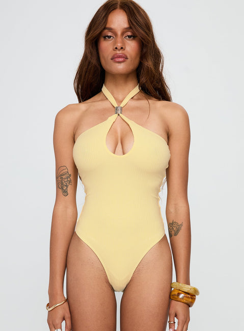 front view of model wearing Princess Polly Dulce Vita Hardware Detail Bodysuit Lemon Sleeveless 