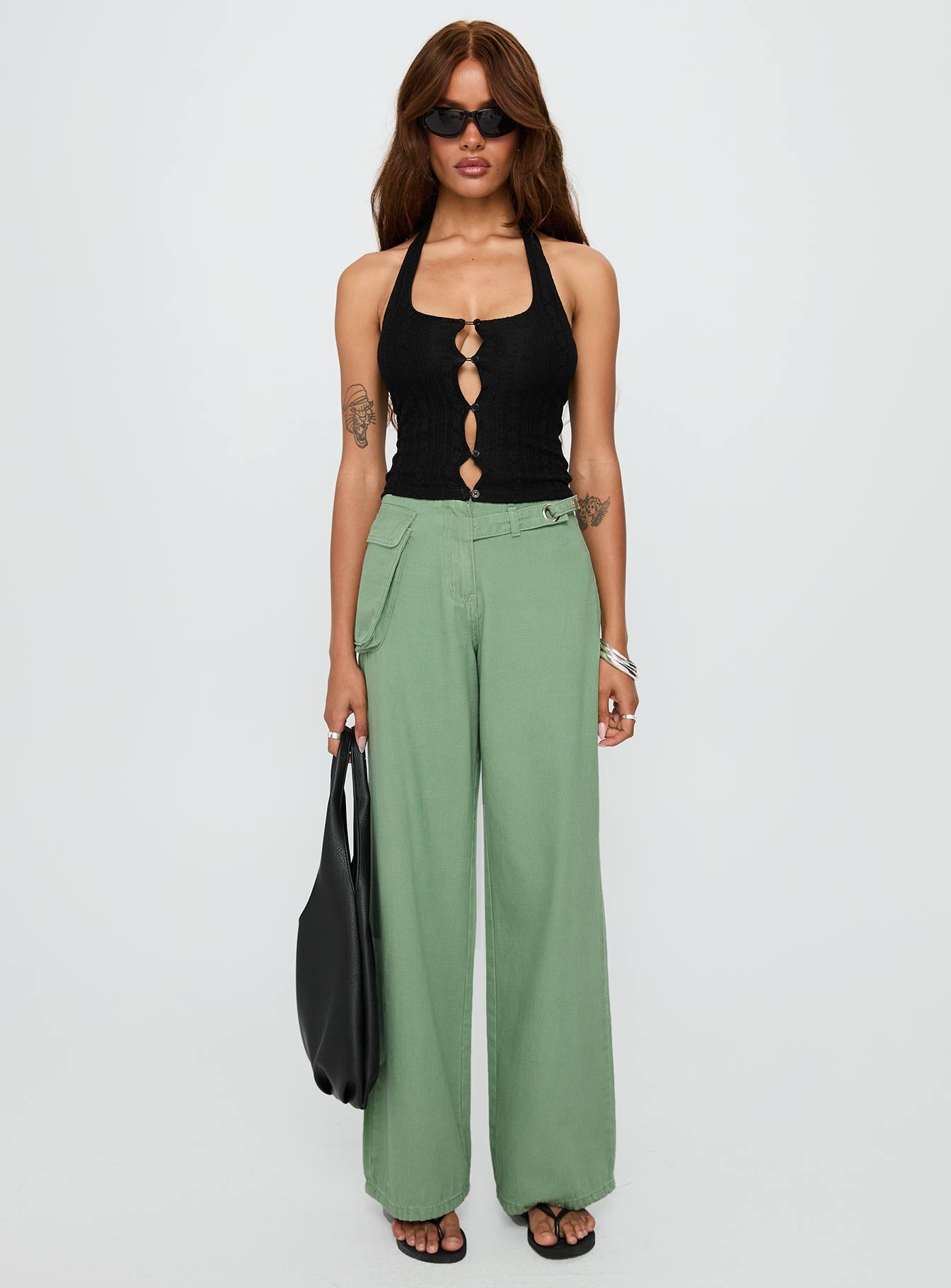 front view of model wearing Princess Polly Mercadi Cargo Straight Leg Jeans Green High Waisted 