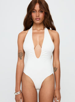 front view of model wearing Princess Polly Emmalyne Plunge Neck Bodysuit White Sleeveless 