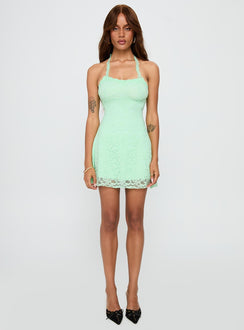 side view of model wearing Princess Polly Front Page Halter Lace Mini Dress Aqua Square Neck 