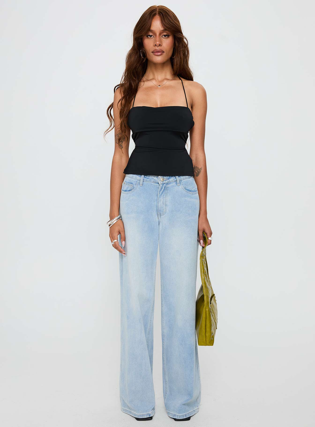 front view of model wearing Princess Polly In The End Tie Back Top Black Sleeveless Square Neck 