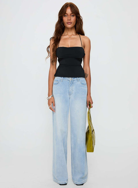 front view of model wearing Princess Polly In The End Tie Back Top Black Sleeveless Square Neck 