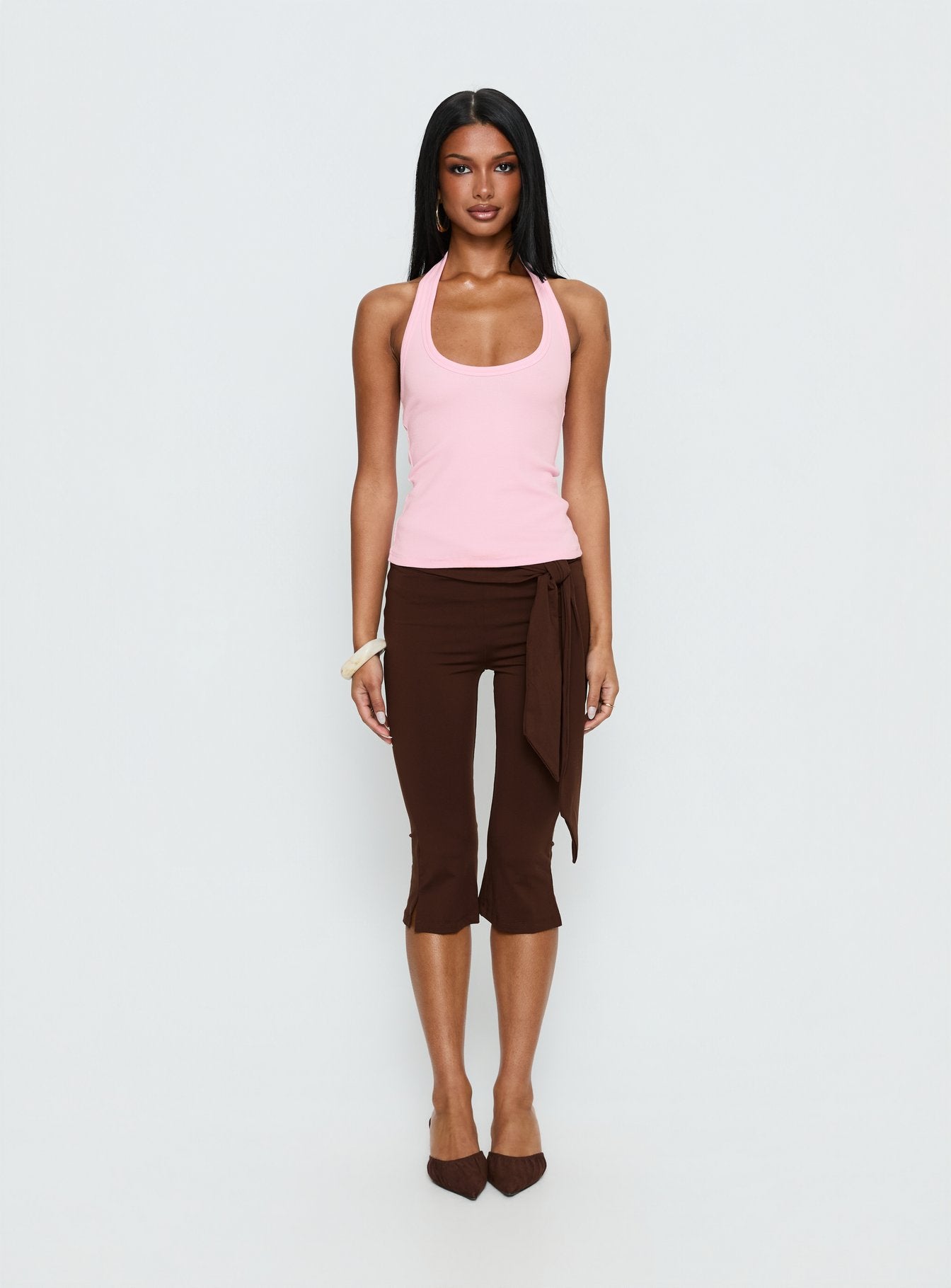 Lizana Tie Side Capri Pants Brown