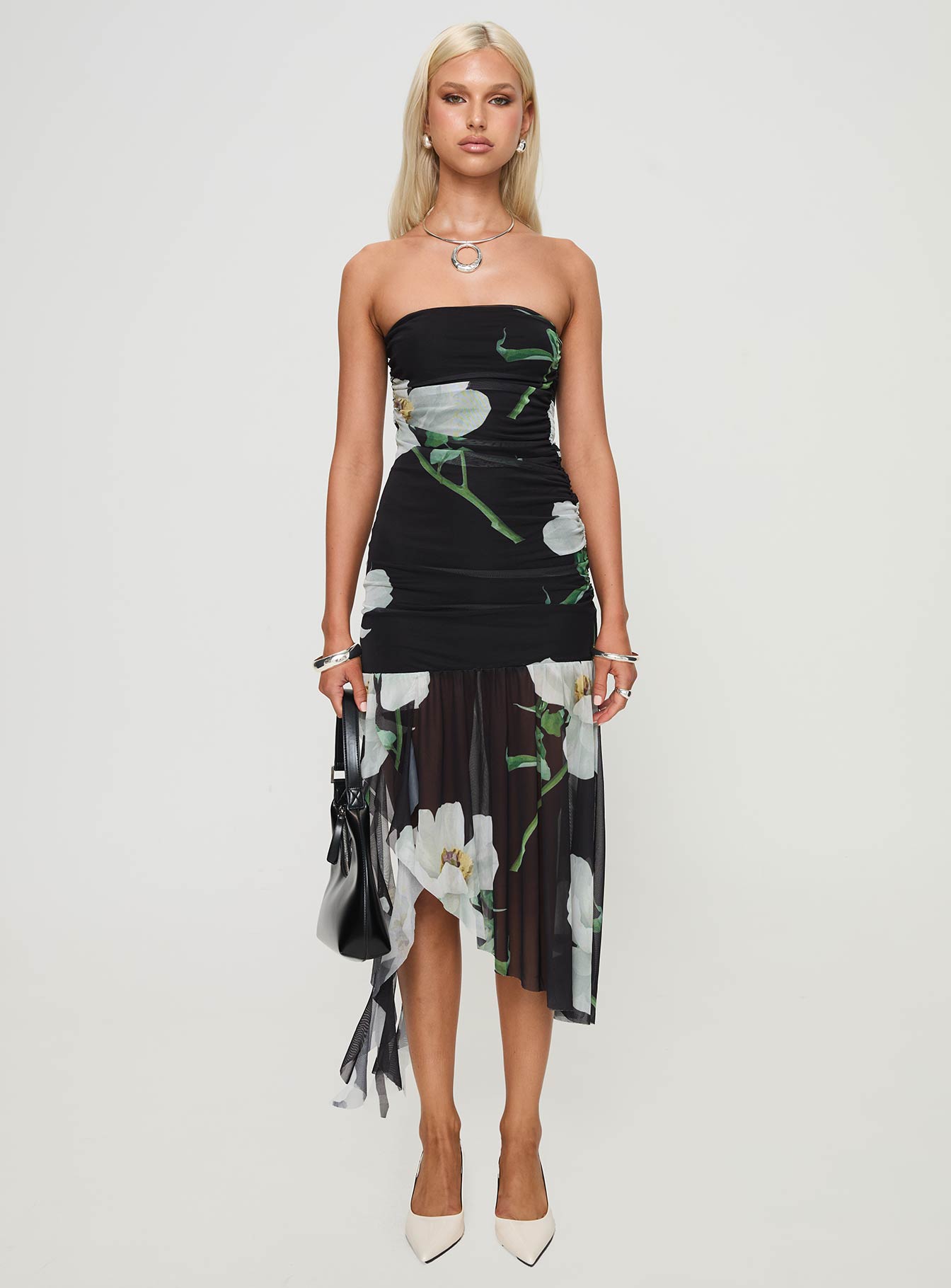 front view of model wearing Princess Polly Nektaria Strapless Midi Dress Multi Straight Neck 