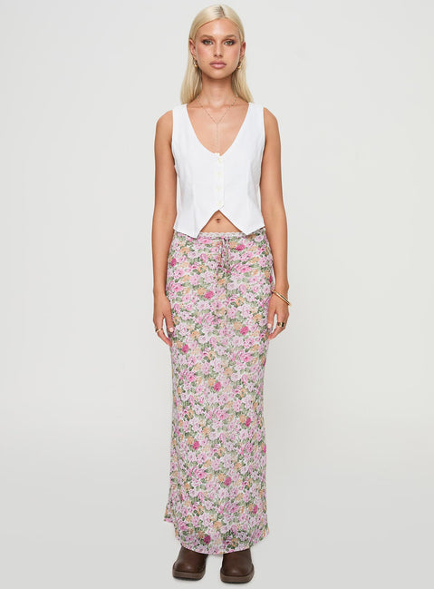   front view of model wearing Princess Polly Emily Maxi Skirt Pink Floral Maxi 