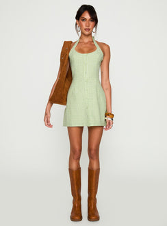 side view of model wearing Princess Polly Mallorie Halter Mini Dress Green Check Scoop Neck 