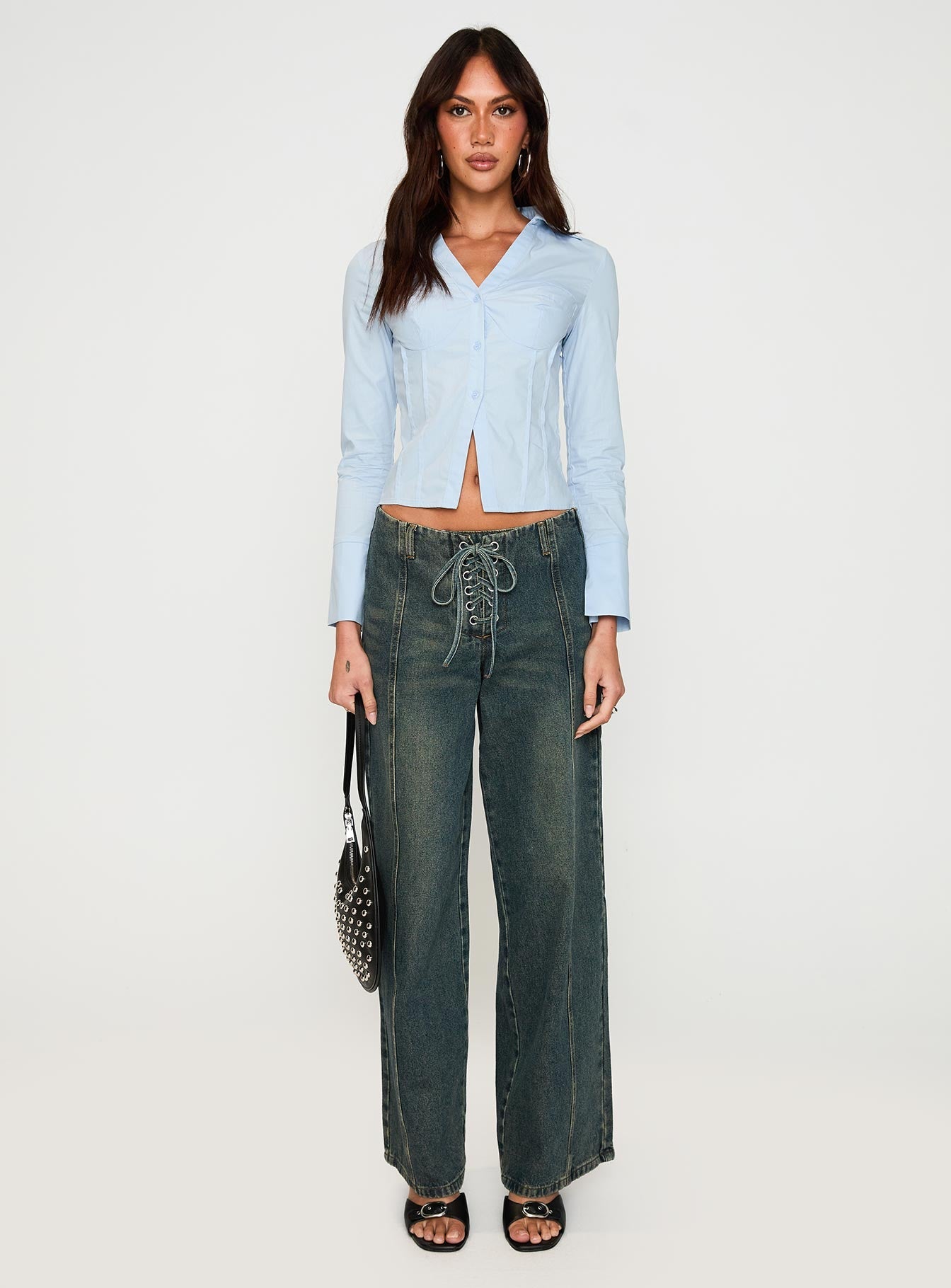 front view of model wearing Princess Polly Zifa Shirt Blue Full Sleeves V-Neck 