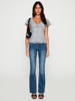 front view of model wearing Princess Polly My Last Love Top Blue Check Short Sleeves Plunger 