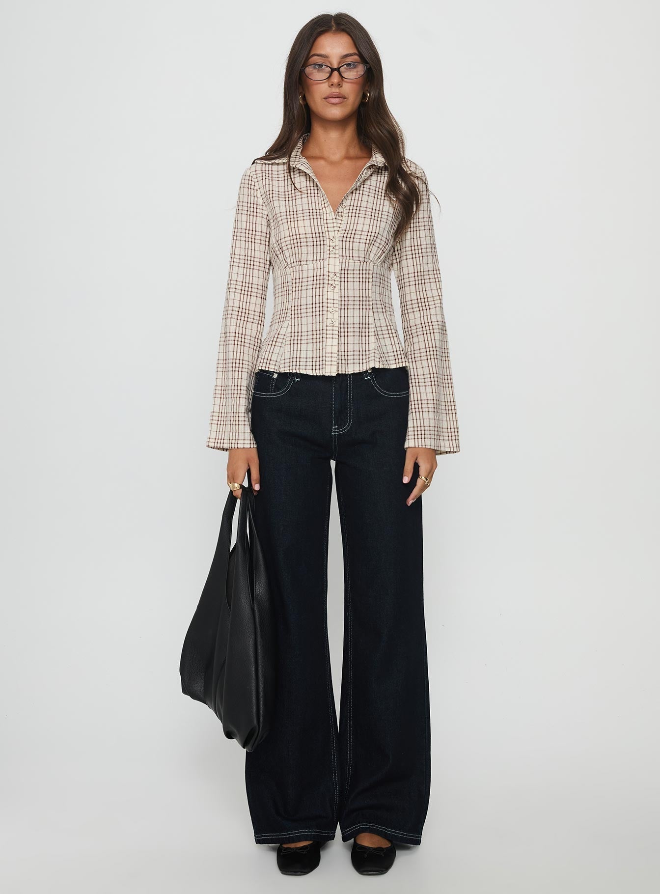 Cottesloe Long Sleeve Blouse Top Brown Check