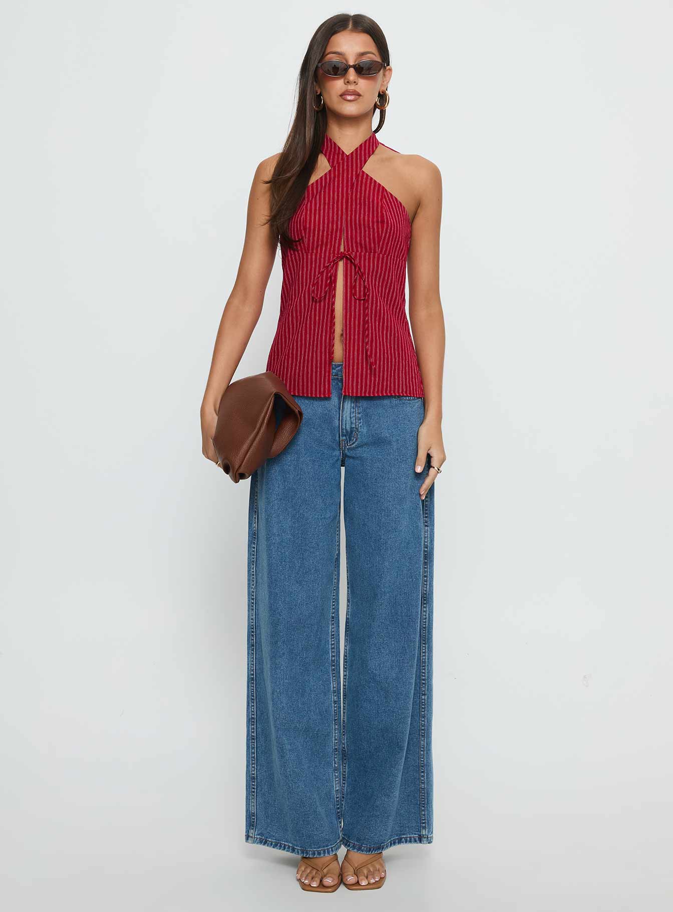 Sensational Cross Front Tie Detail Top Red Stripe