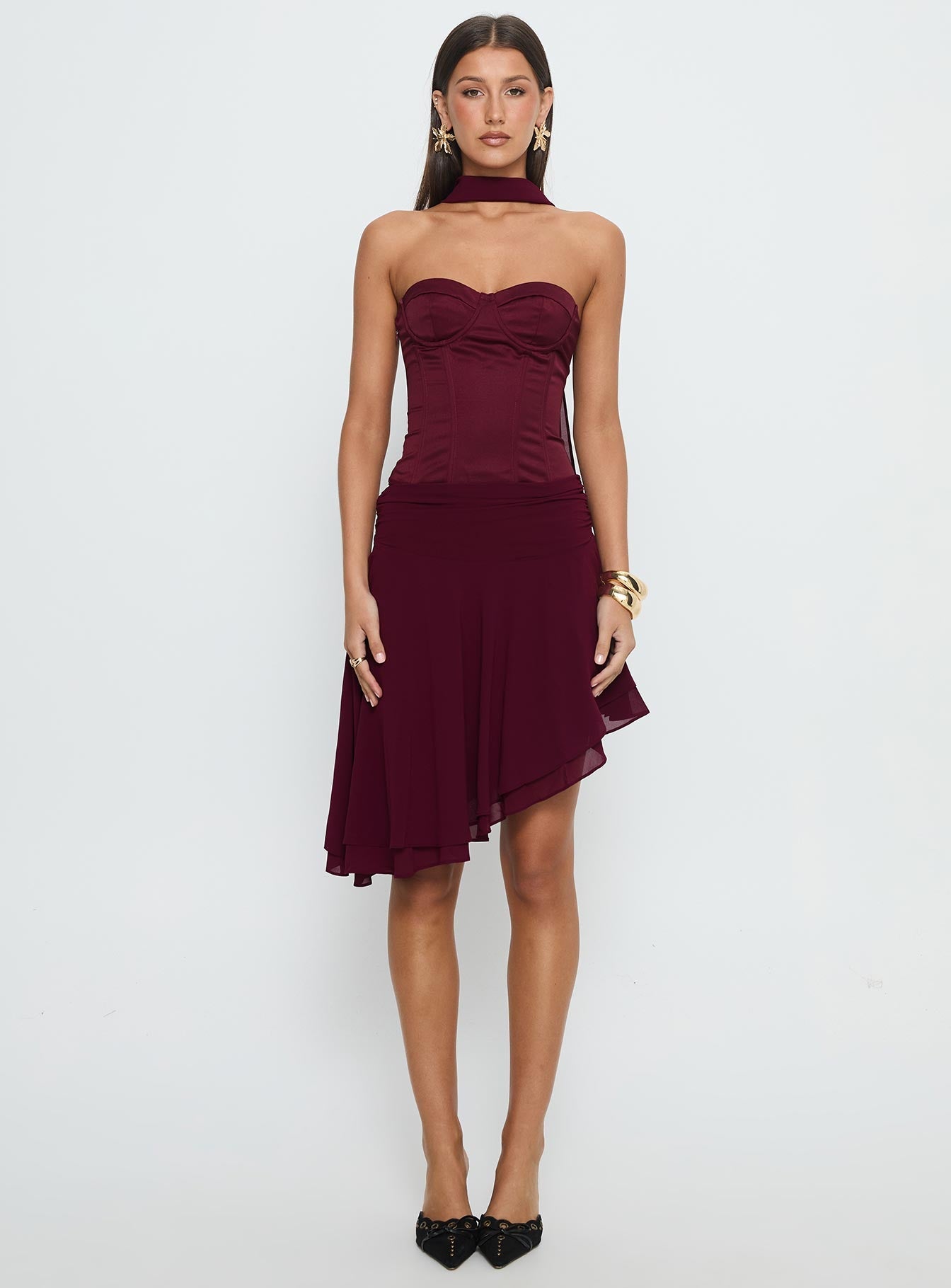 Rhythms Scarf Detail Midi Dress Wine