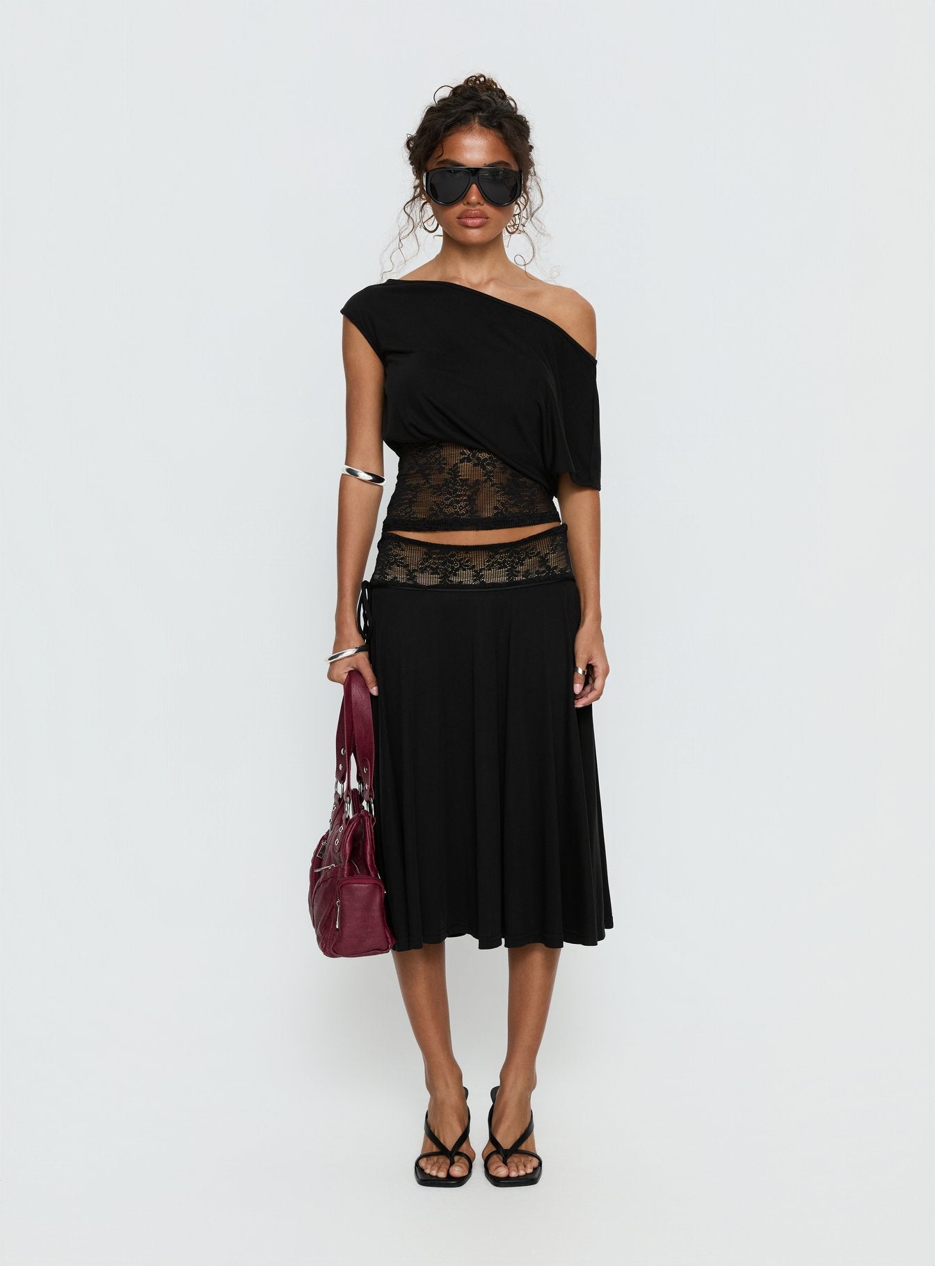 Marienna One Shoulder Lace Top Black