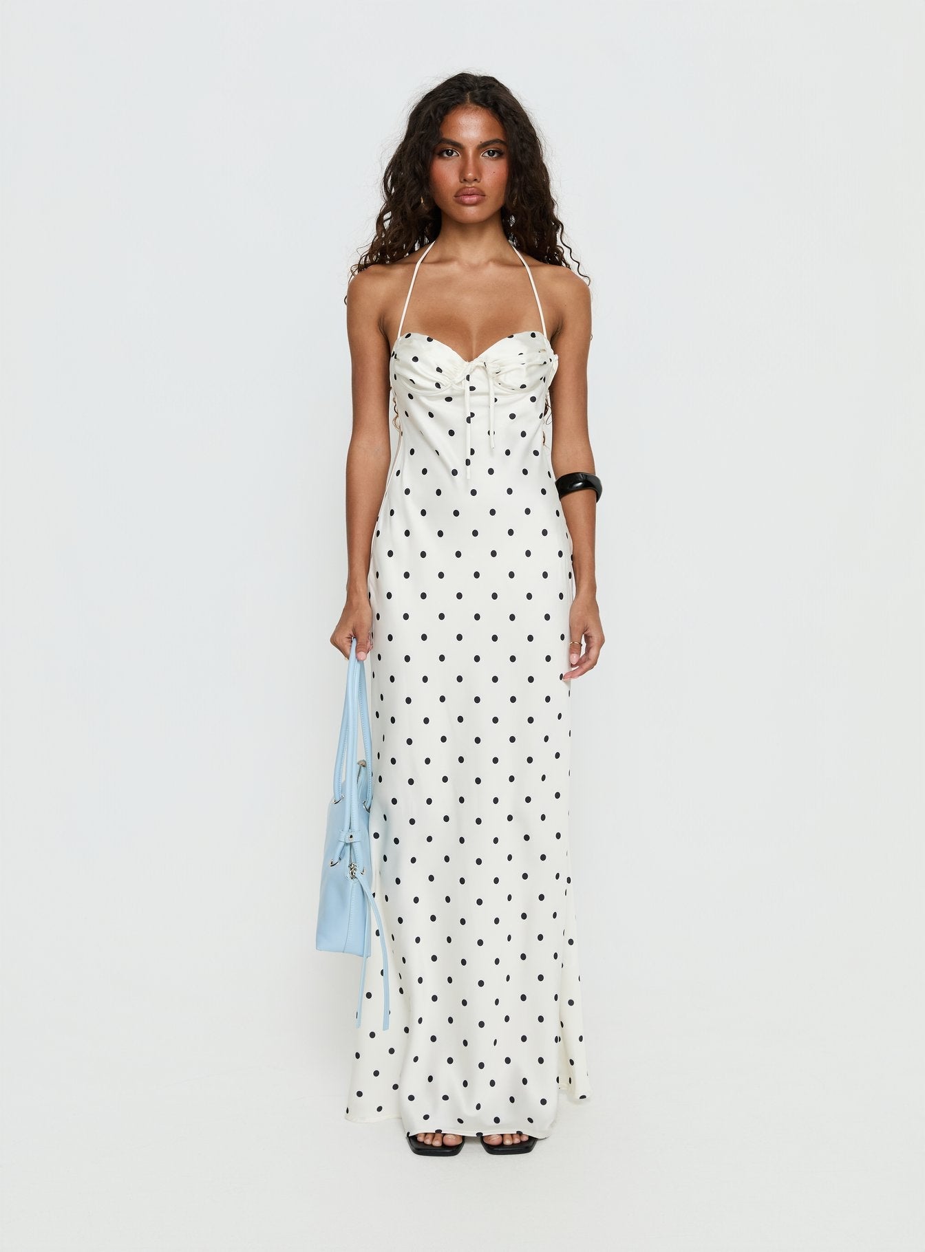 Costella Halter Satin Maxi Dress Cream Polka Dot