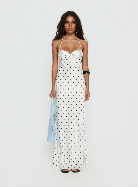 Costella Halter Satin Maxi Dress Cream Polka Dot
