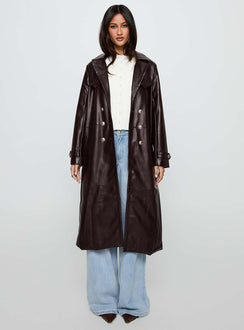 High Standards Faux Leather Trench Coat Brown