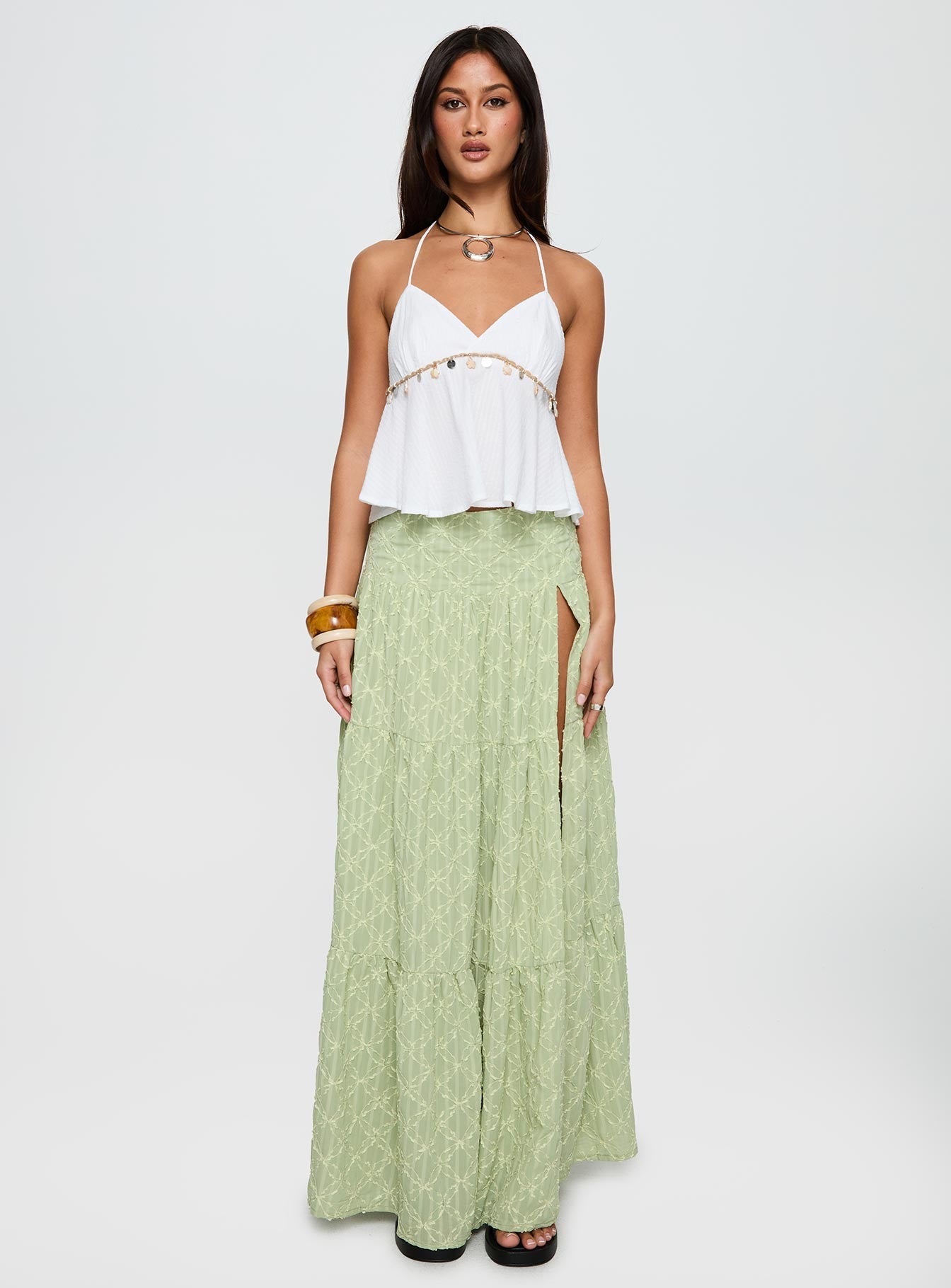 back view of model wearing Princess Polly Silver Soul Embroidered Maxi Skirt Sage Maxi 