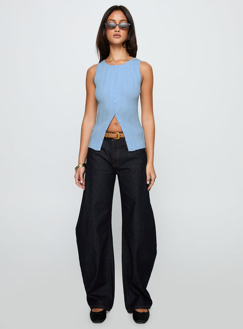 front view of model wearing Princess Polly Oregano Top Blue Sleeveless Crew Neck 