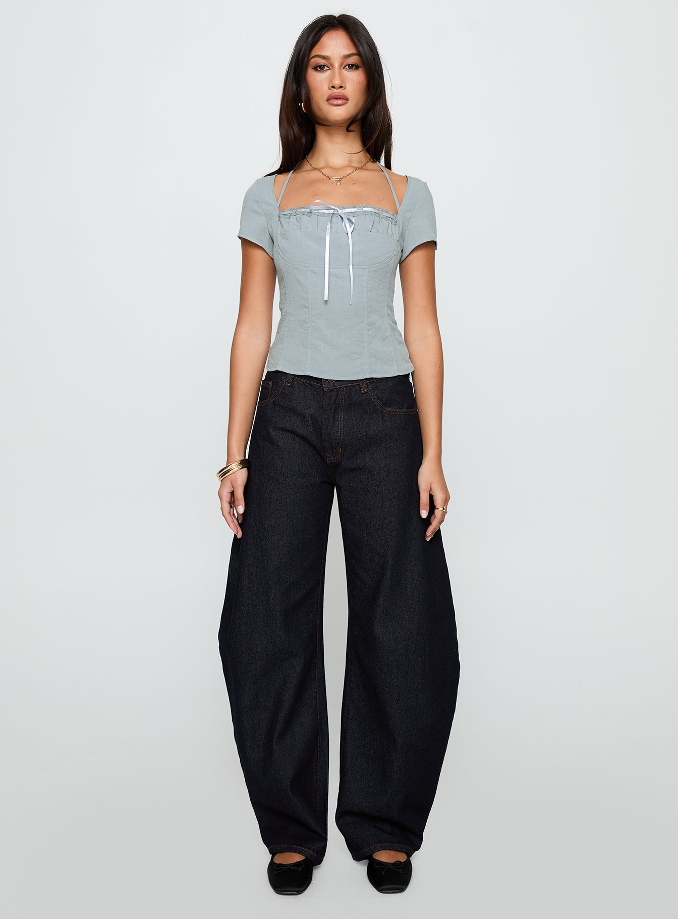 Horseshoe Mid Rise Barrel Leg Jeans Dark Denim