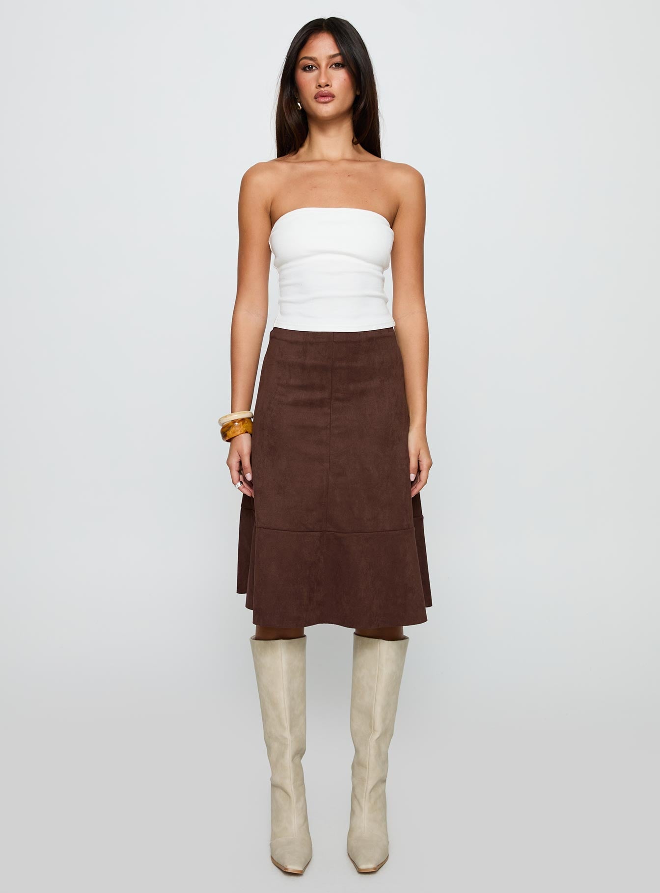 Grimaud Faux Suede Midi Skirt Brown
