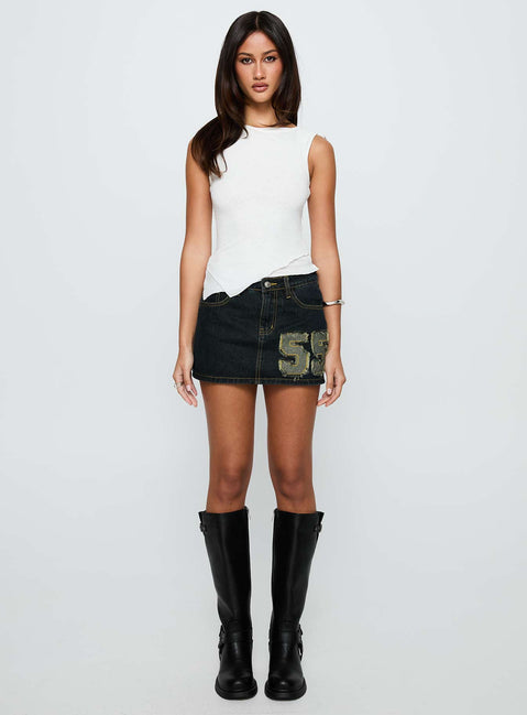   front view of model wearing Princess Polly Standout Patch Detail Denim Skort Blue Mini Skirts Skirts 