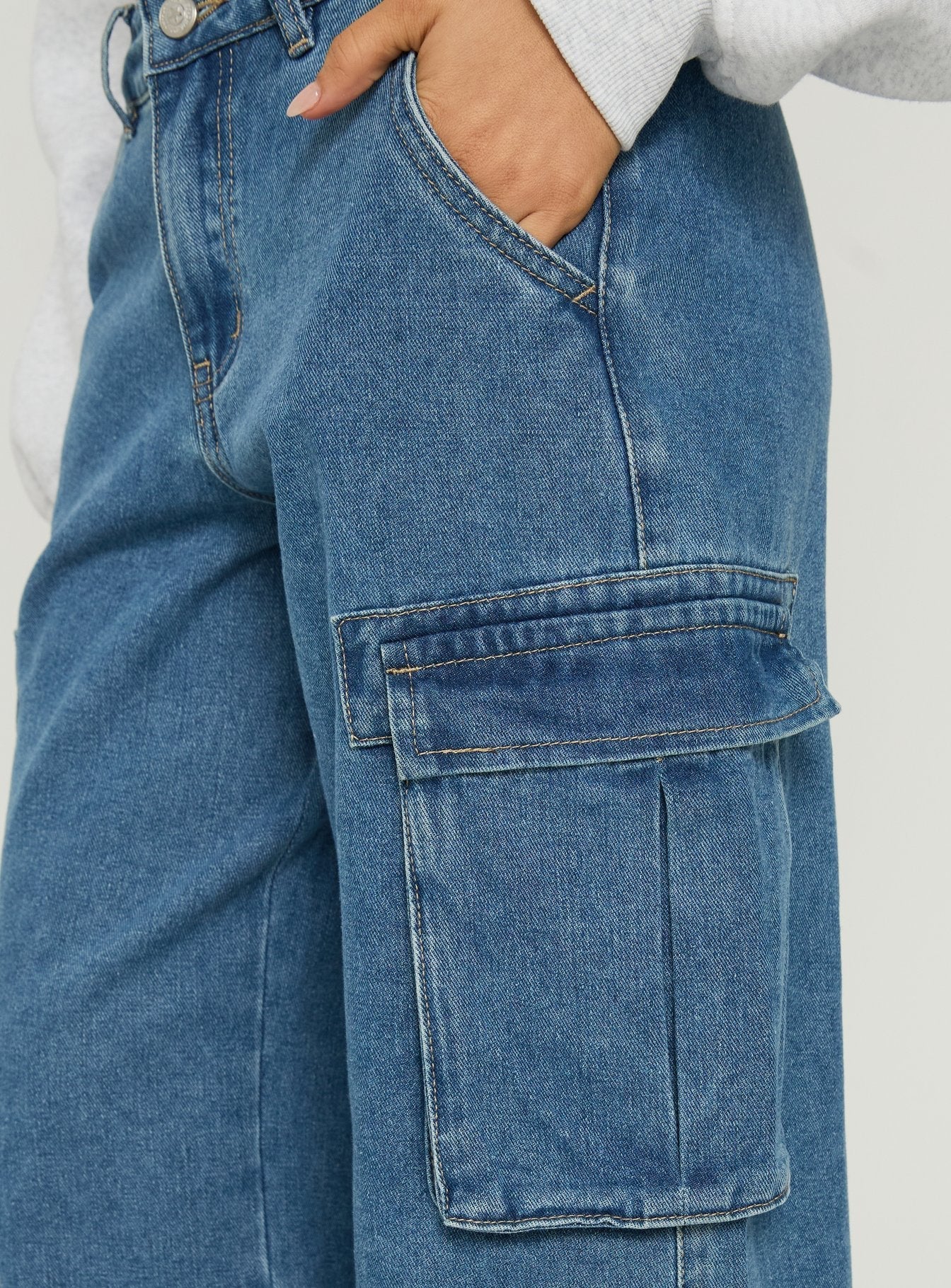 Hudsen Longline Cargo Denim Jorts Mid Blue Wash