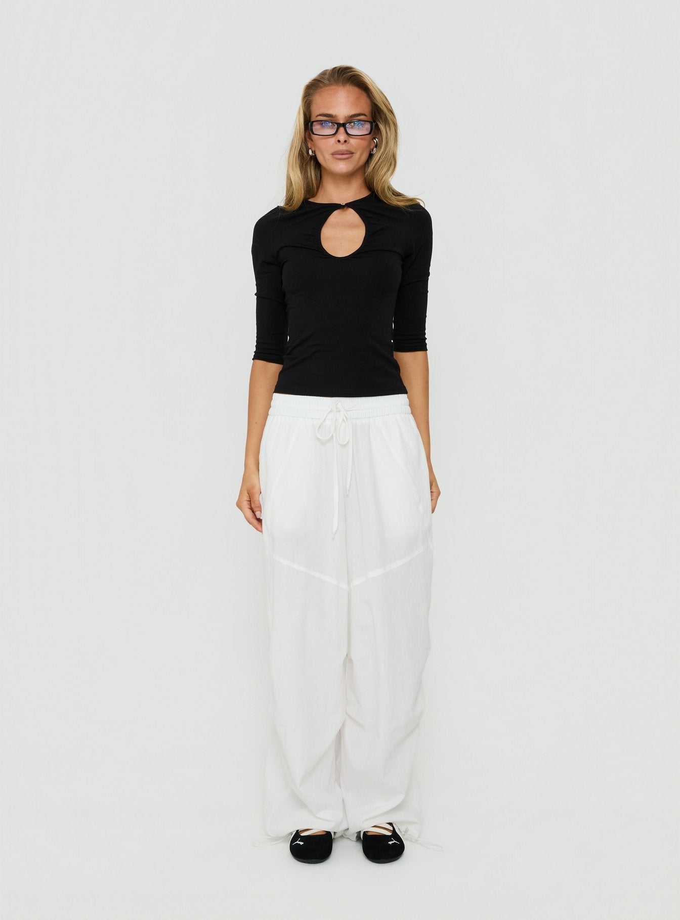 Discover the Mankind Baggy Cargo Pants White in womens-regular-pants with mid-rise, front view of model wearing Princess Polly