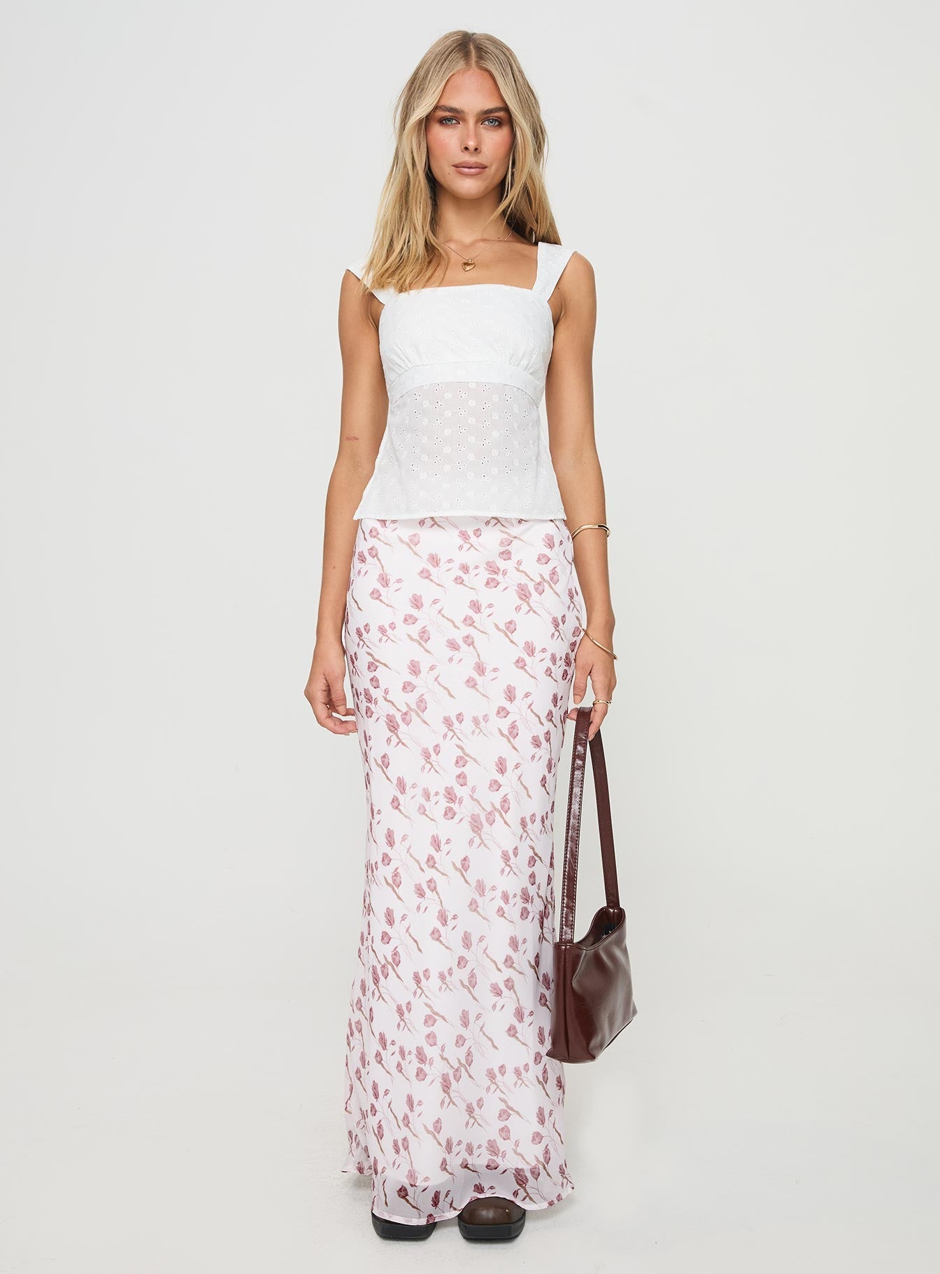   side view of model wearing Princess Polly Battaglie Maxi Skirt Multi Maxi 