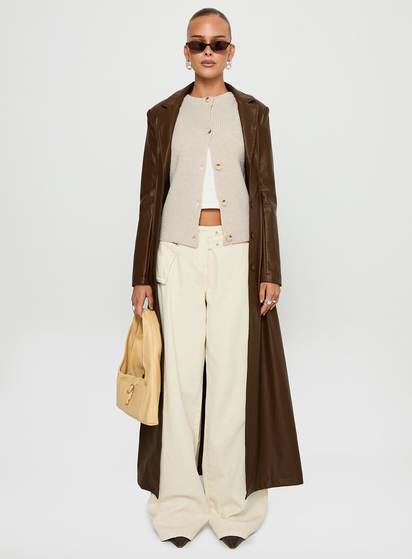 Speak Easy Long Line Faux Leather Coat Brown