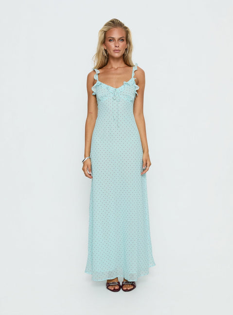 Aryelle Chiffon Frill Maxi Dress Blue Polka Dot